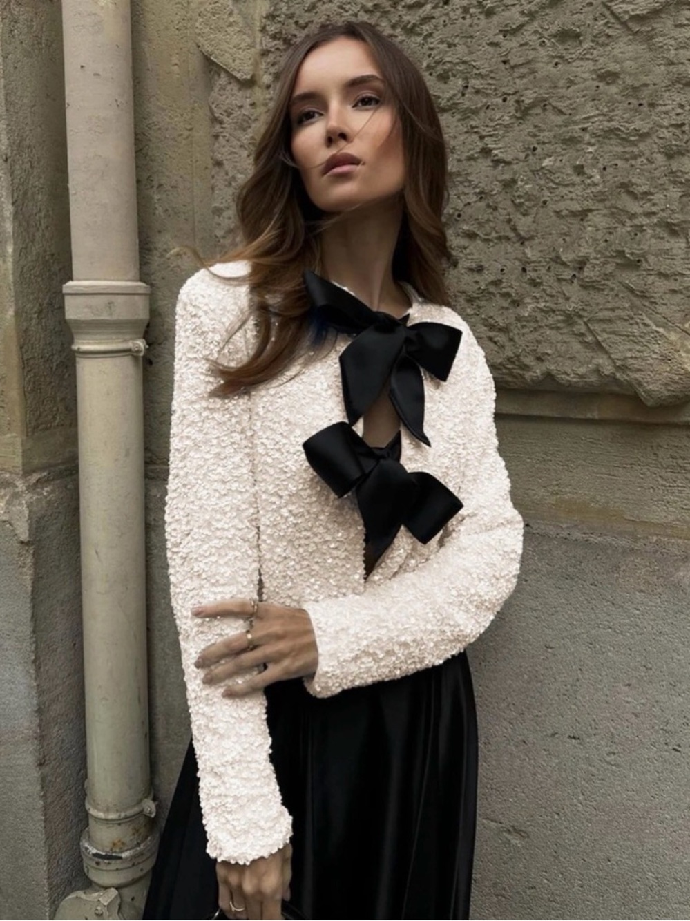 Commense Sequined Velvet Bowknot Decor Jacket